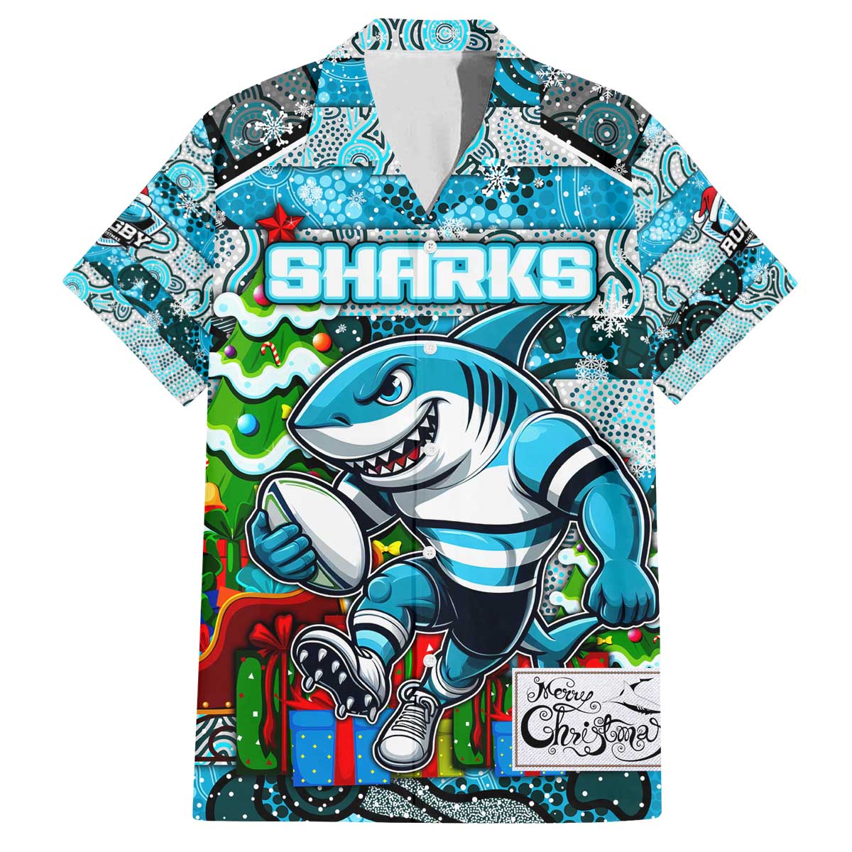Custom Sharks Rugby Merry Christmas Family Matching Off The Shoulder Long Sleeve Dress and Hawaiian Shirt Indigenous Australian Art