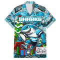 Custom Sharks Rugby Merry Christmas Family Matching Off The Shoulder Long Sleeve Dress and Hawaiian Shirt Indigenous Australian Art
