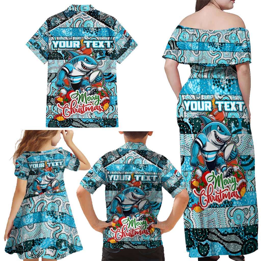 Custom Sharks Rugby Merry Christmas Family Matching Off Shoulder Maxi Dress and Hawaiian Shirt Indigenous Australian Art