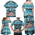 Custom Sharks Rugby Merry Christmas Family Matching Off Shoulder Maxi Dress and Hawaiian Shirt Indigenous Australian Art