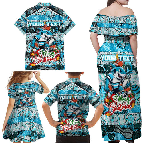 Custom Sharks Rugby Merry Christmas Family Matching Off Shoulder Maxi Dress and Hawaiian Shirt Indigenous Australian Art
