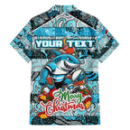 Custom Sharks Rugby Merry Christmas Family Matching Short Sleeve Bodycon Dress and Hawaiian Shirt Indigenous Australian Art