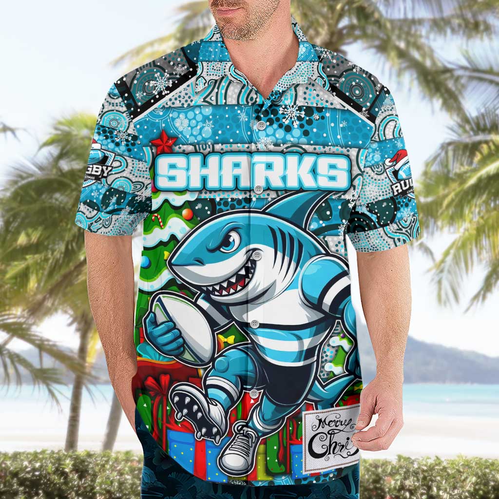 Custom Sharks Rugby Merry Christmas Hawaiian Shirt Indigenous Australian Art