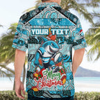 Custom Sharks Rugby Merry Christmas Hawaiian Shirt Indigenous Australian Art
