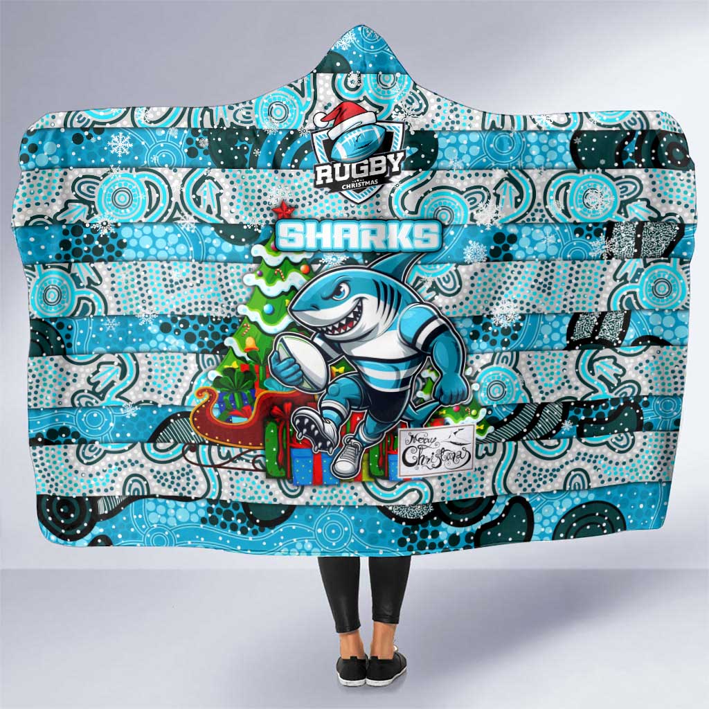 Sharks Rugby Merry Christmas Hooded Blanket Indigenous Australian Art