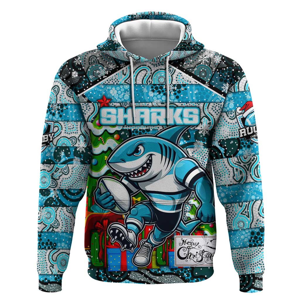 Custom Sharks Rugby Merry Christmas Hoodie Indigenous Australian Art