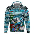 Custom Sharks Rugby Merry Christmas Hoodie Indigenous Australian Art