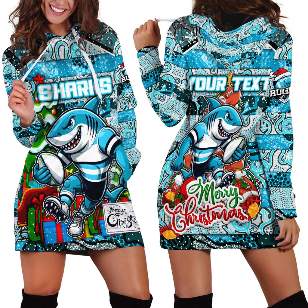 Custom Sharks Rugby Merry Christmas Hoodie Dress Indigenous Australian Art
