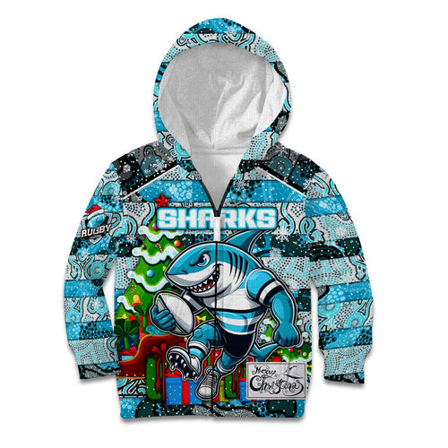 Custom Sharks Rugby Merry Christmas Kid Hoodie Indigenous Australian Art