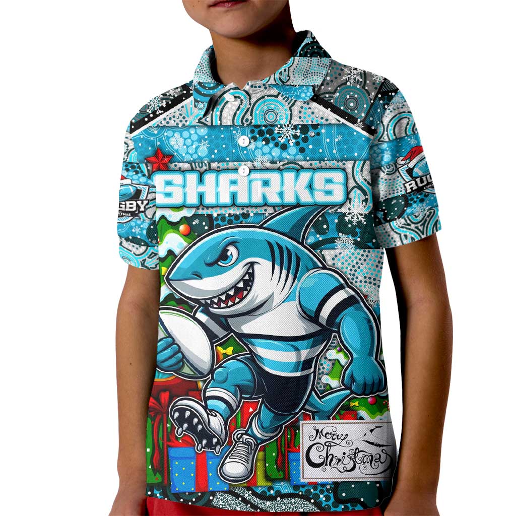Custom Sharks Rugby Merry Christmas Kid Polo Shirt Indigenous Australian Art