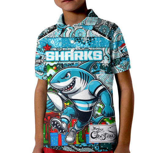 Custom Sharks Rugby Merry Christmas Kid Polo Shirt Indigenous Australian Art