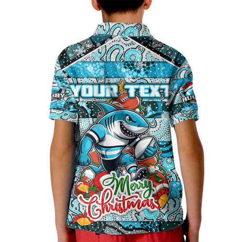 Custom Sharks Rugby Merry Christmas Kid Polo Shirt Indigenous Australian Art