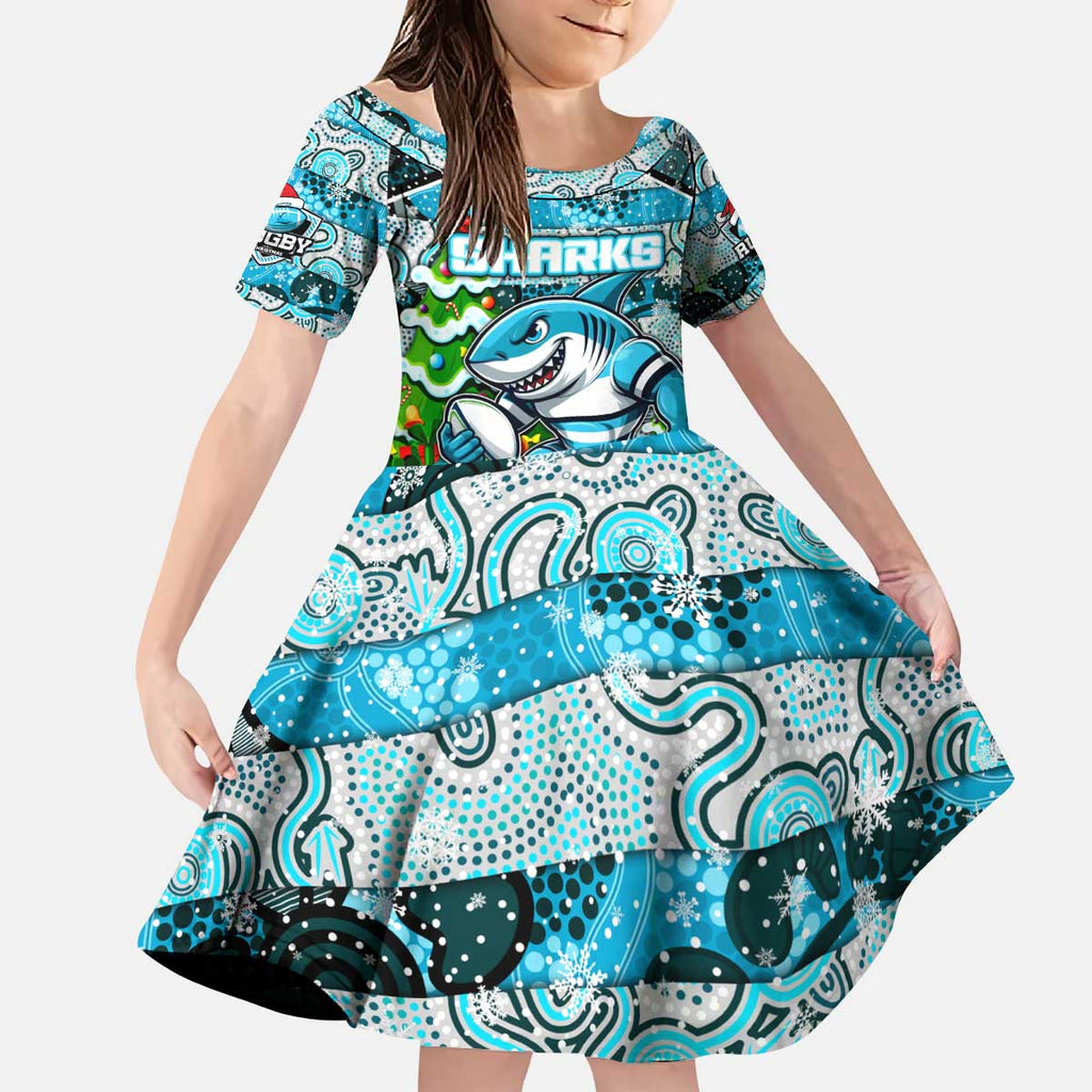 Custom Sharks Rugby Merry Christmas Kid Short Sleeve Dress Indigenous Australian Art