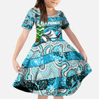 Custom Sharks Rugby Merry Christmas Kid Short Sleeve Dress Indigenous Australian Art