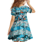 Custom Sharks Rugby Merry Christmas Kid Short Sleeve Dress Indigenous Australian Art