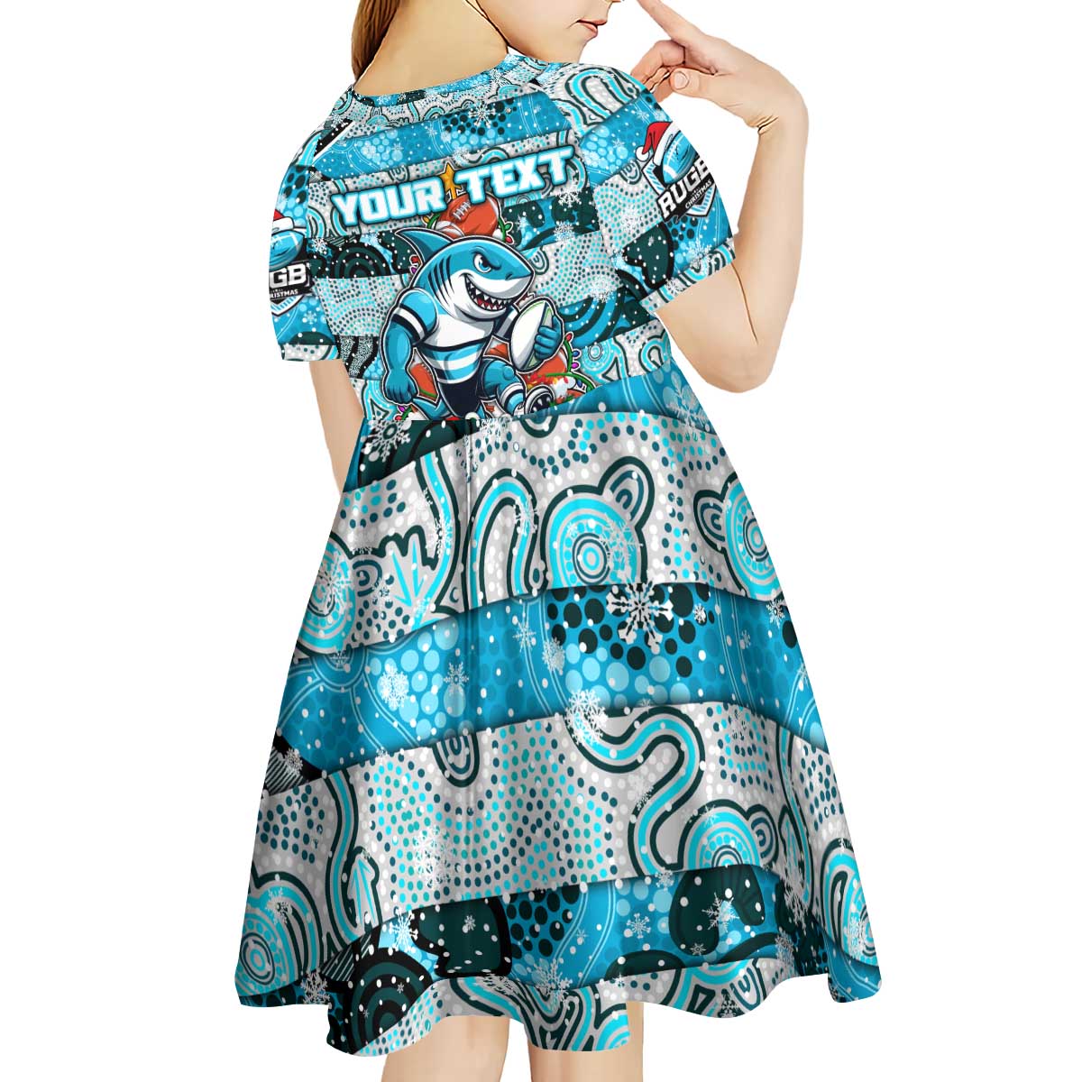 Custom Sharks Rugby Merry Christmas Kid Short Sleeve Dress Indigenous Australian Art