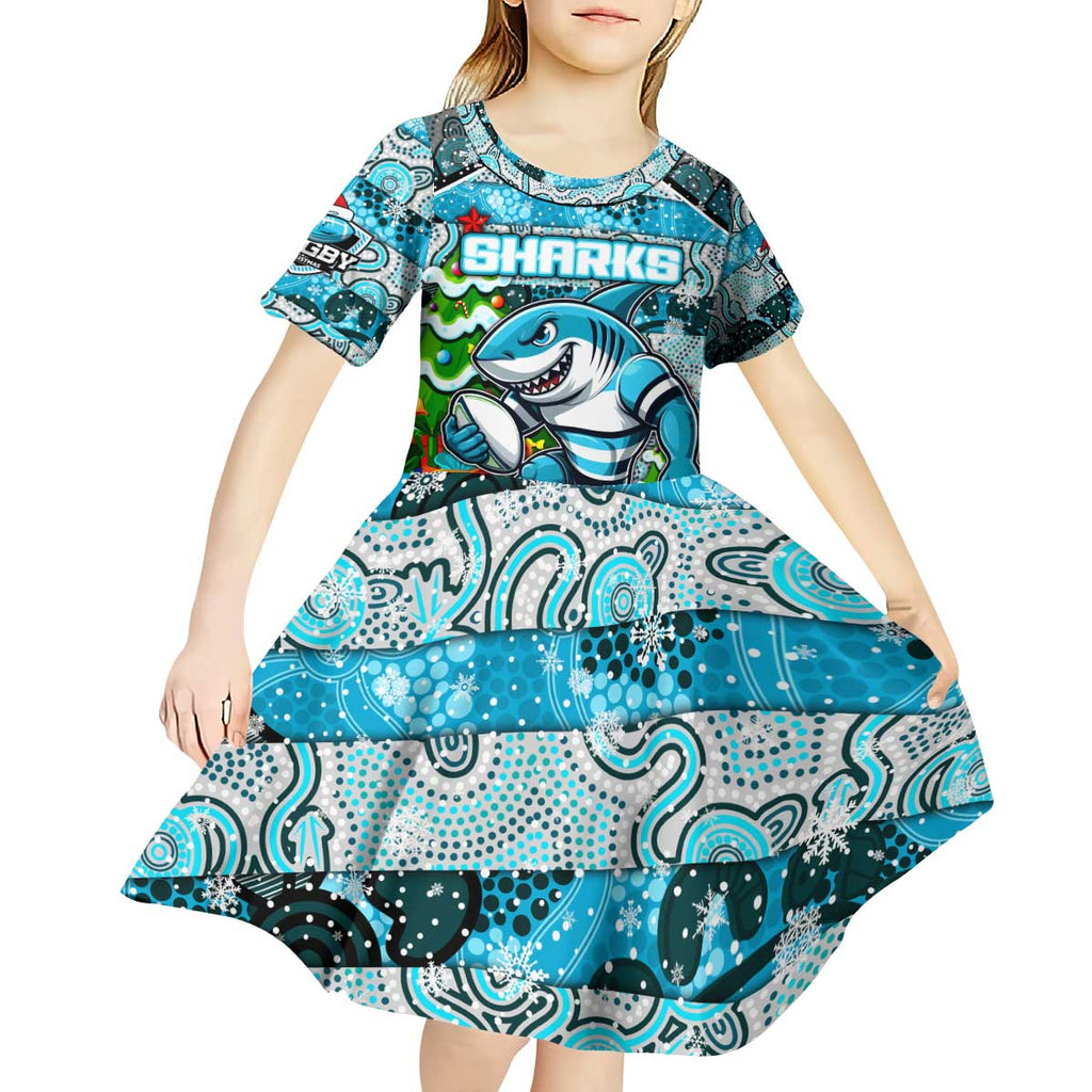 Custom Sharks Rugby Merry Christmas Kid Short Sleeve Dress Indigenous Australian Art