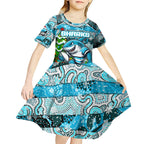 Custom Sharks Rugby Merry Christmas Kid Short Sleeve Dress Indigenous Australian Art
