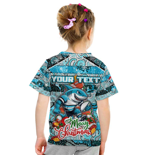 Custom Sharks Rugby Merry Christmas Kid T Shirt Indigenous Australian Art