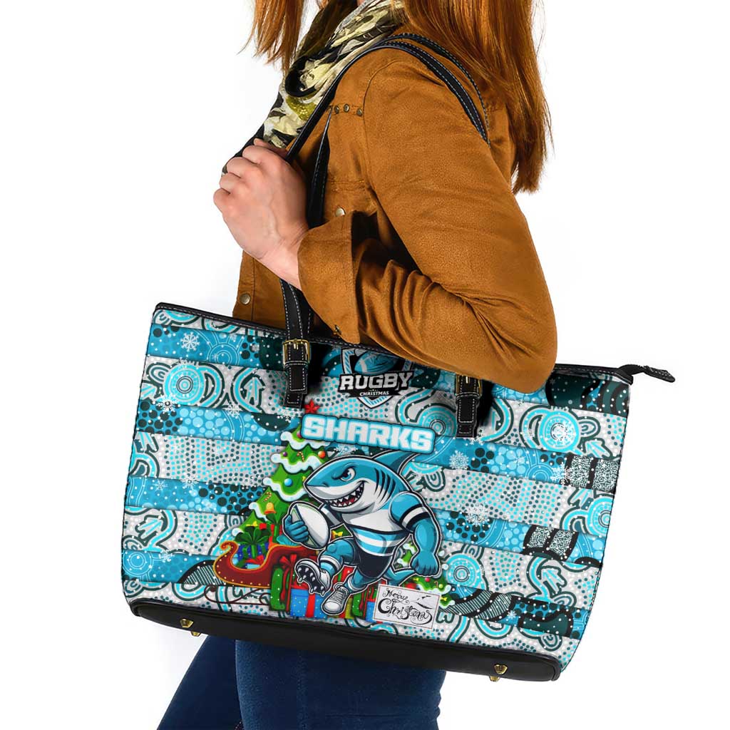 Sharks Rugby Merry Christmas Leather Tote Bag Indigenous Australian Art