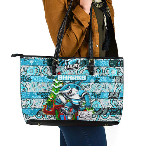 Sharks Rugby Merry Christmas Leather Tote Bag Indigenous Australian Art