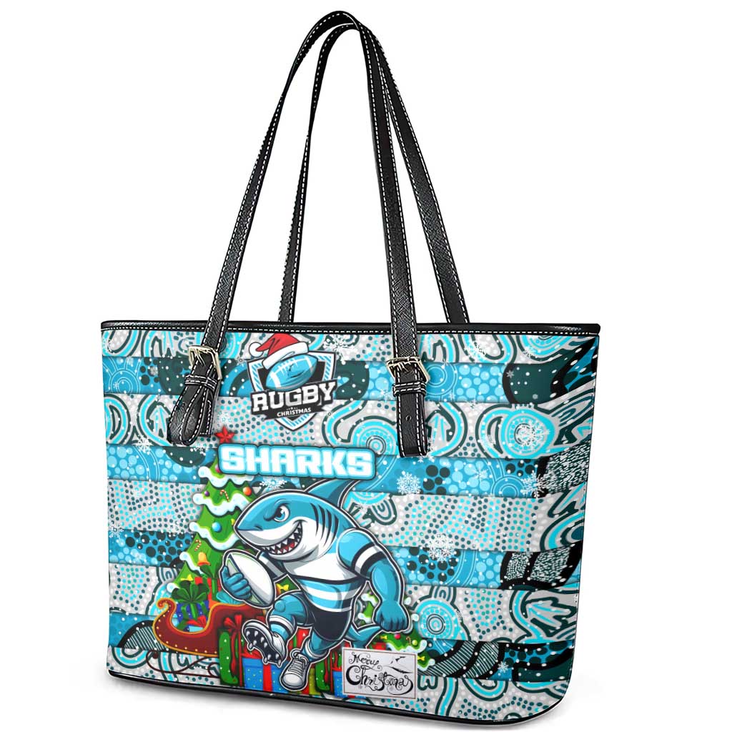 Sharks Rugby Merry Christmas Leather Tote Bag Indigenous Australian Art