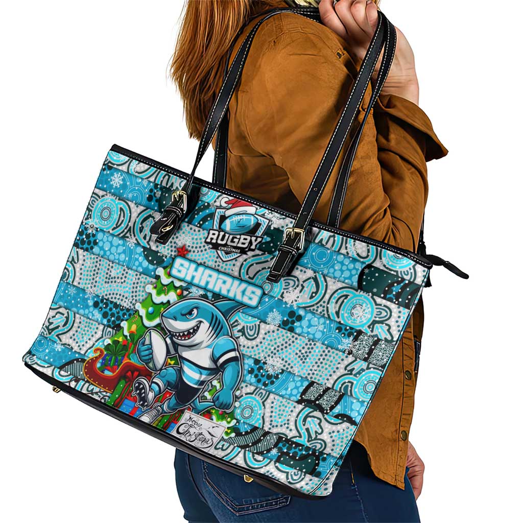 Sharks Rugby Merry Christmas Leather Tote Bag Indigenous Australian Art