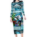 Custom Sharks Rugby Merry Christmas Long Sleeve Bodycon Dress Indigenous Australian Art
