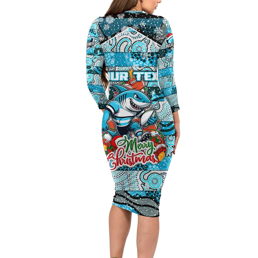 Custom Sharks Rugby Merry Christmas Long Sleeve Bodycon Dress Indigenous Australian Art