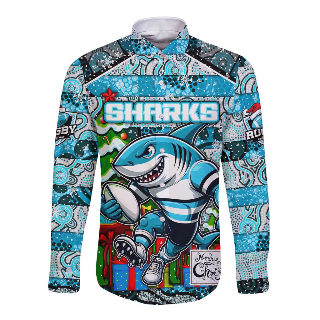 Custom Sharks Rugby Merry Christmas Long Sleeve Button Shirt Indigenous Australian Art