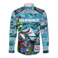 Custom Sharks Rugby Merry Christmas Long Sleeve Button Shirt Indigenous Australian Art