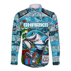 Custom Sharks Rugby Merry Christmas Long Sleeve Button Shirt Indigenous Australian Art