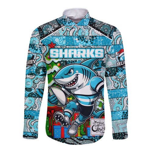Custom Sharks Rugby Merry Christmas Long Sleeve Button Shirt Indigenous Australian Art
