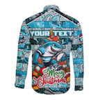 Custom Sharks Rugby Merry Christmas Long Sleeve Button Shirt Indigenous Australian Art