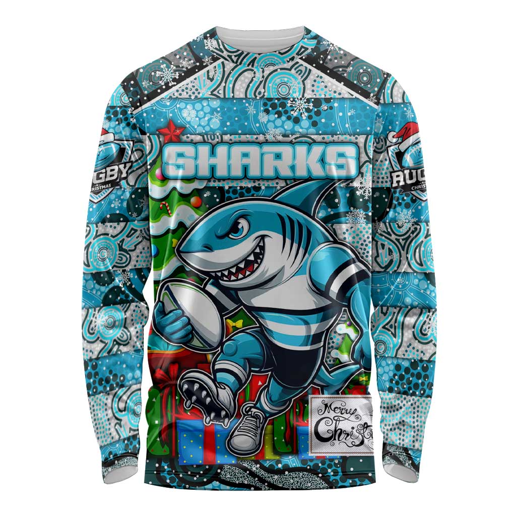 Custom Sharks Rugby Merry Christmas Long Sleeve Shirt Indigenous Australian Art