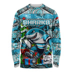 Custom Sharks Rugby Merry Christmas Long Sleeve Shirt Indigenous Australian Art