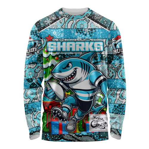Custom Sharks Rugby Merry Christmas Long Sleeve Shirt Indigenous Australian Art