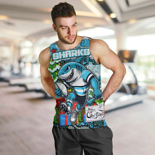 Custom Sharks Rugby Merry Christmas Men Tank Top Indigenous Australian Art