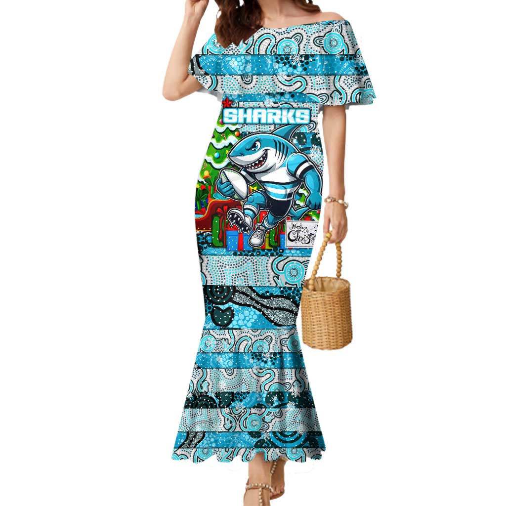 Custom Sharks Rugby Merry Christmas Mermaid Dress Indigenous Australian Art