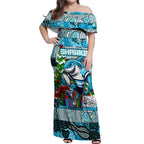Custom Sharks Rugby Merry Christmas Off Shoulder Maxi Dress Indigenous Australian Art