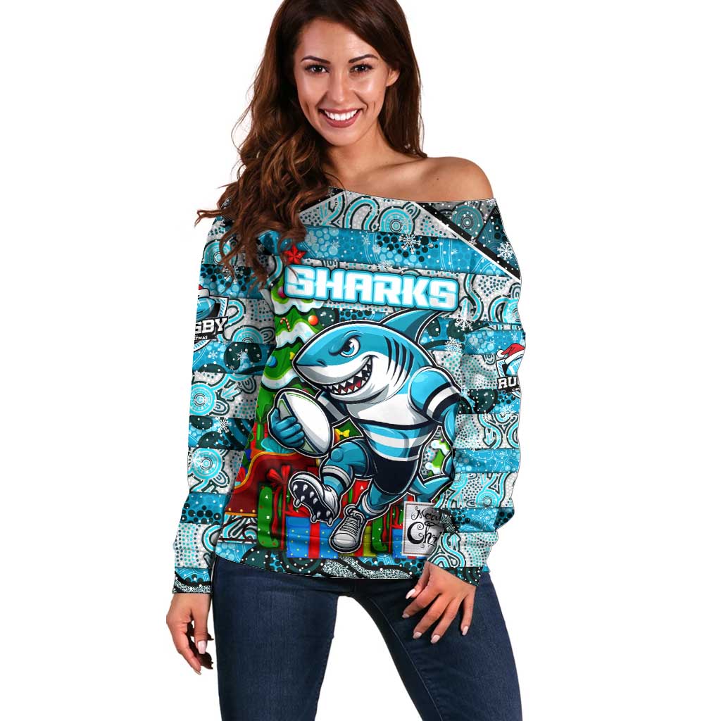 Custom Sharks Rugby Merry Christmas Off Shoulder Sweater Indigenous Australian Art