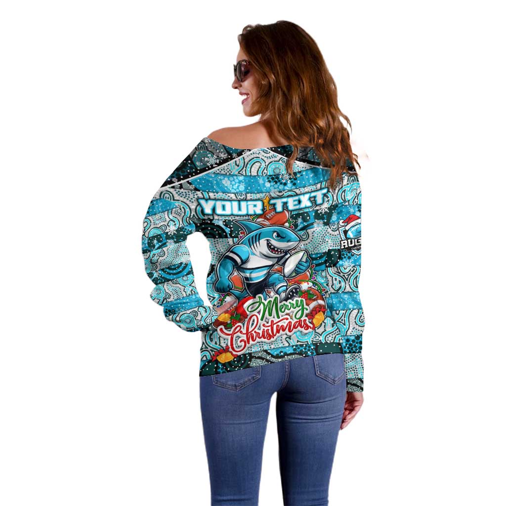 Custom Sharks Rugby Merry Christmas Off Shoulder Sweater Indigenous Australian Art