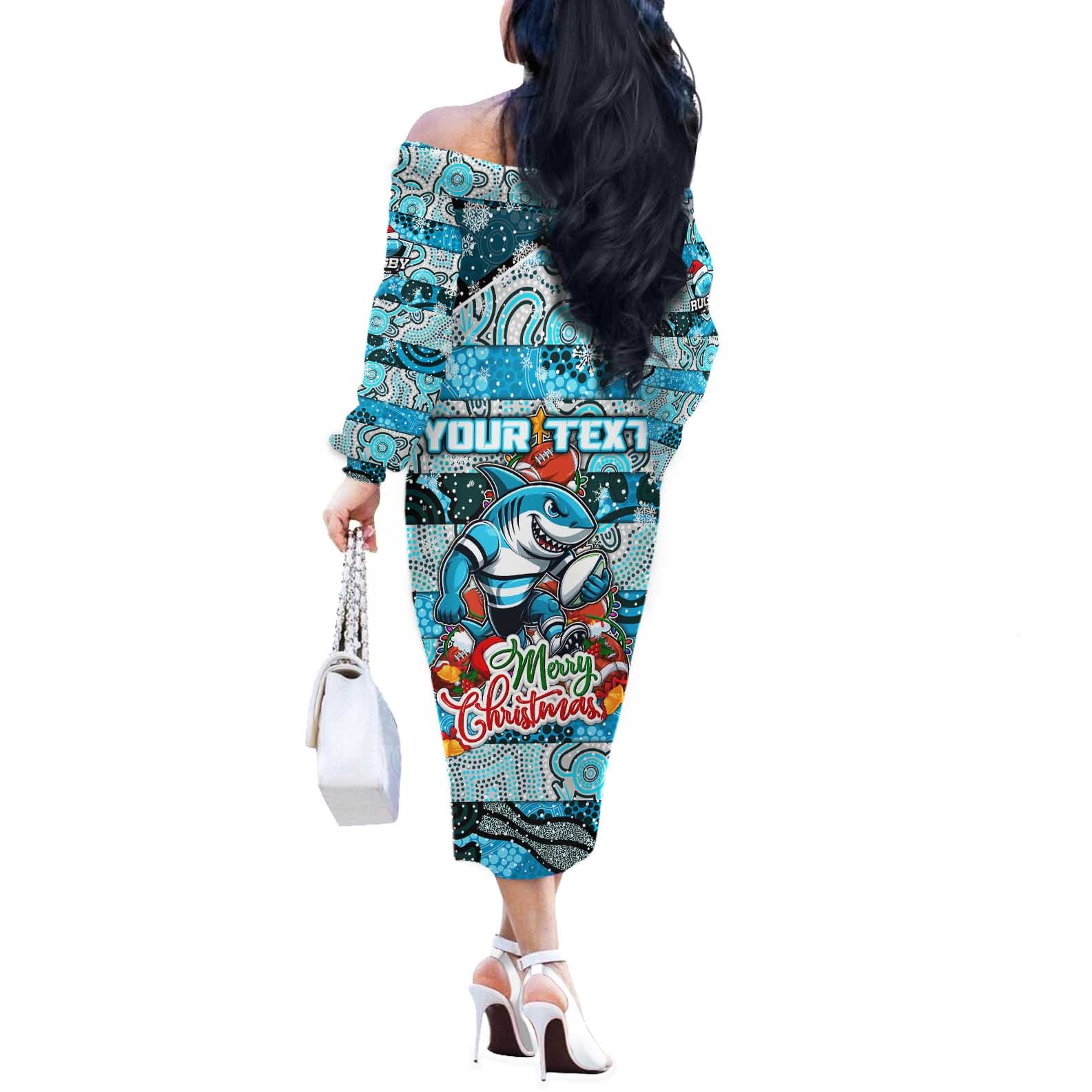 Custom Sharks Rugby Merry Christmas Off The Shoulder Long Sleeve Dress Indigenous Australian Art