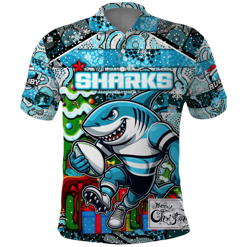 Custom Sharks Rugby Merry Christmas Polo Shirt Indigenous Australian Art