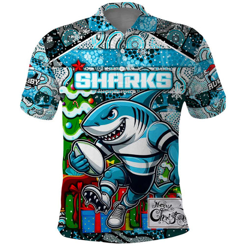 Custom Sharks Rugby Merry Christmas Polo Shirt Indigenous Australian Art