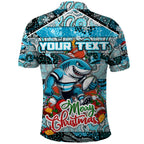 Custom Sharks Rugby Merry Christmas Polo Shirt Indigenous Australian Art