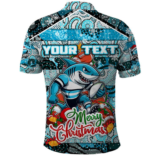 Custom Sharks Rugby Merry Christmas Polo Shirt Indigenous Australian Art