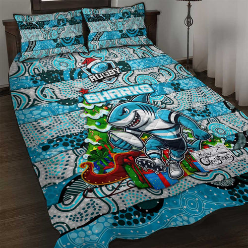 Sharks Rugby Merry Christmas Quilt Bed Set Indigenous Australian Art