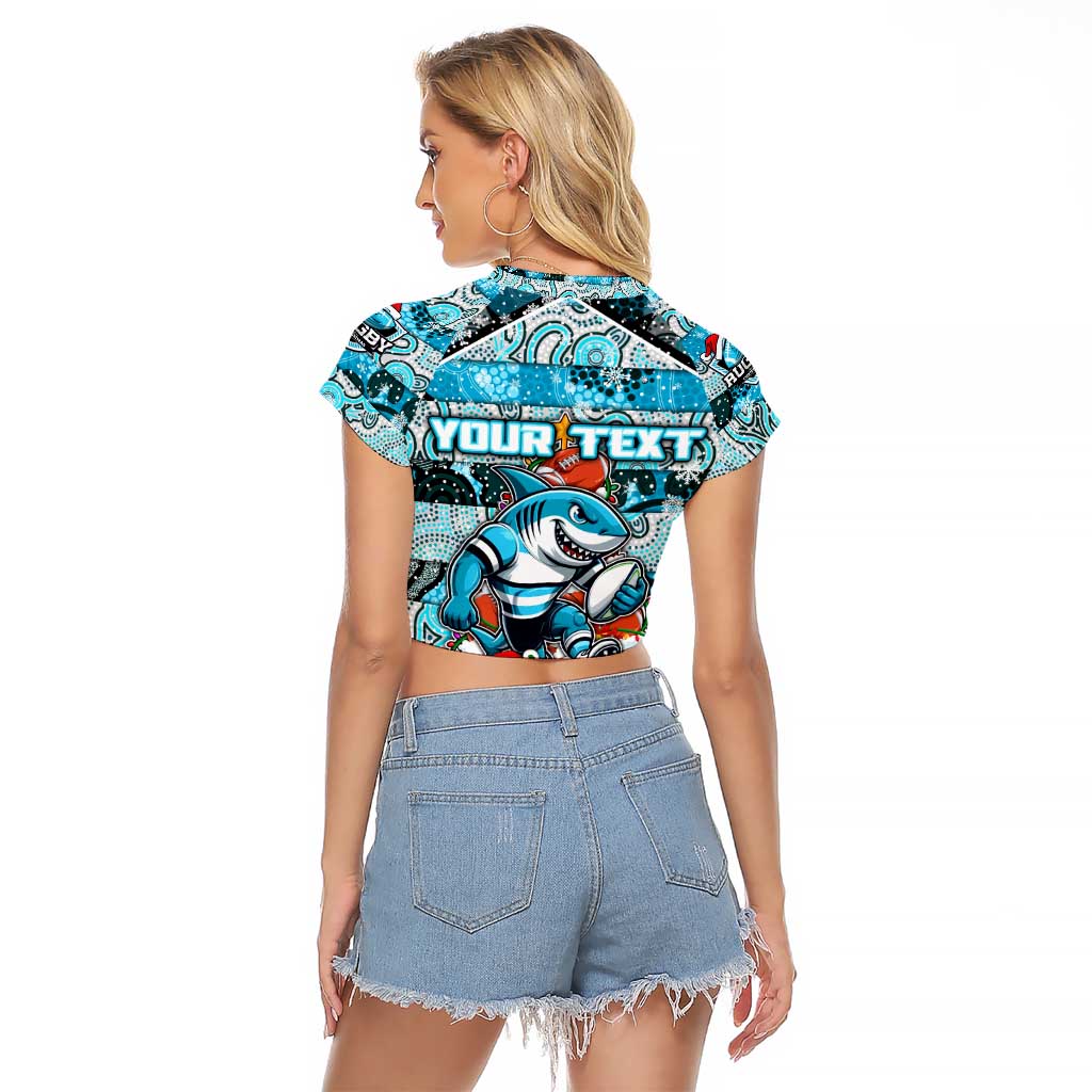 Custom Sharks Rugby Merry Christmas Raglan Cropped T Shirt Indigenous Australian Art