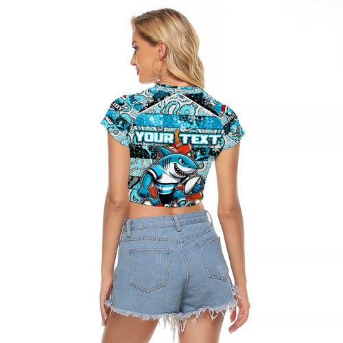 Custom Sharks Rugby Merry Christmas Raglan Cropped T Shirt Indigenous Australian Art